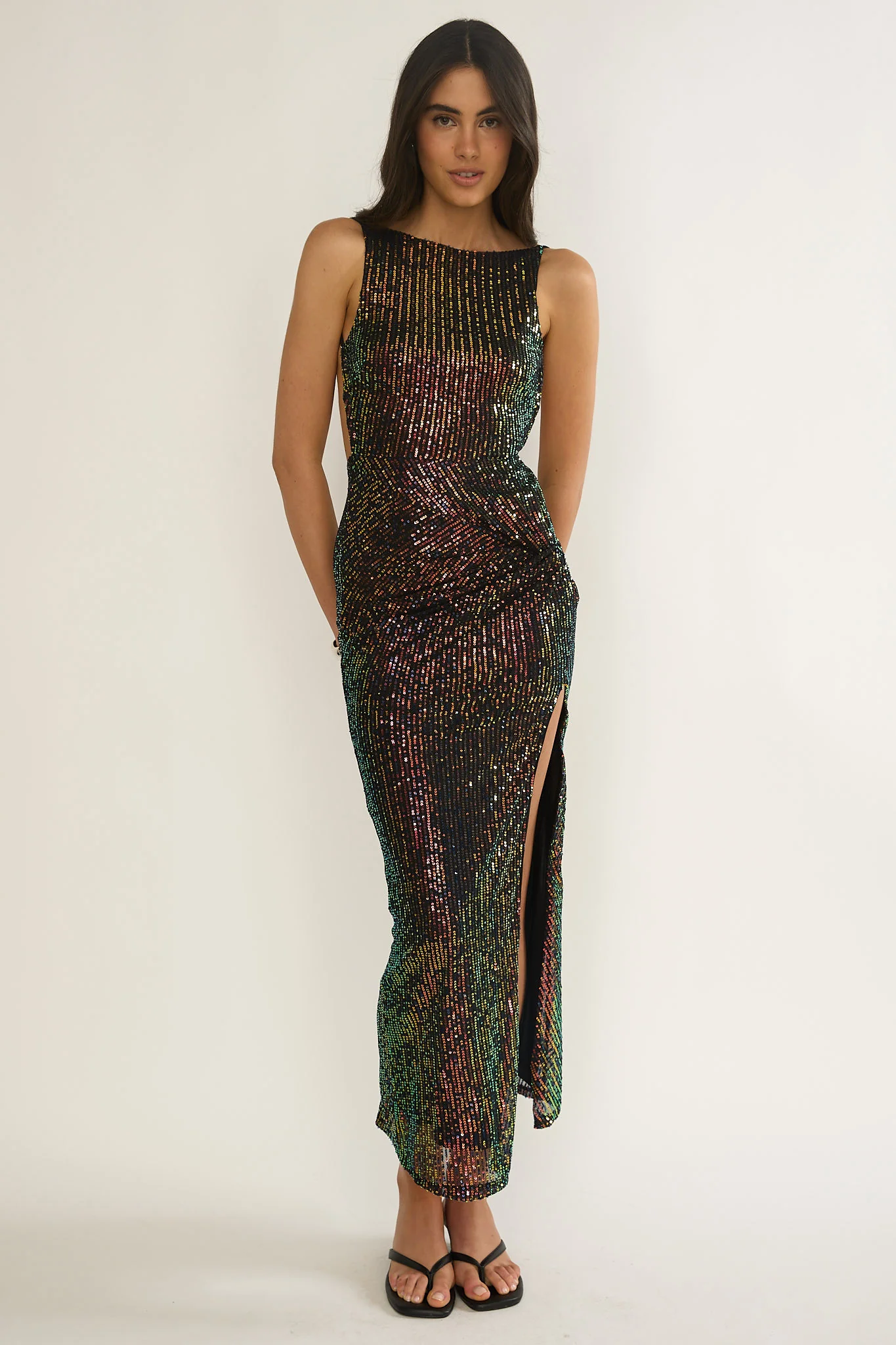 Zaretha Backless Split Maxi Dress Sequin Black/Gold - Image 2