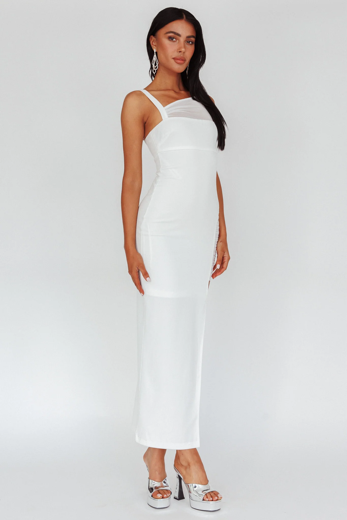 Zenya Split Ruched Midi Dress White - Image 5
