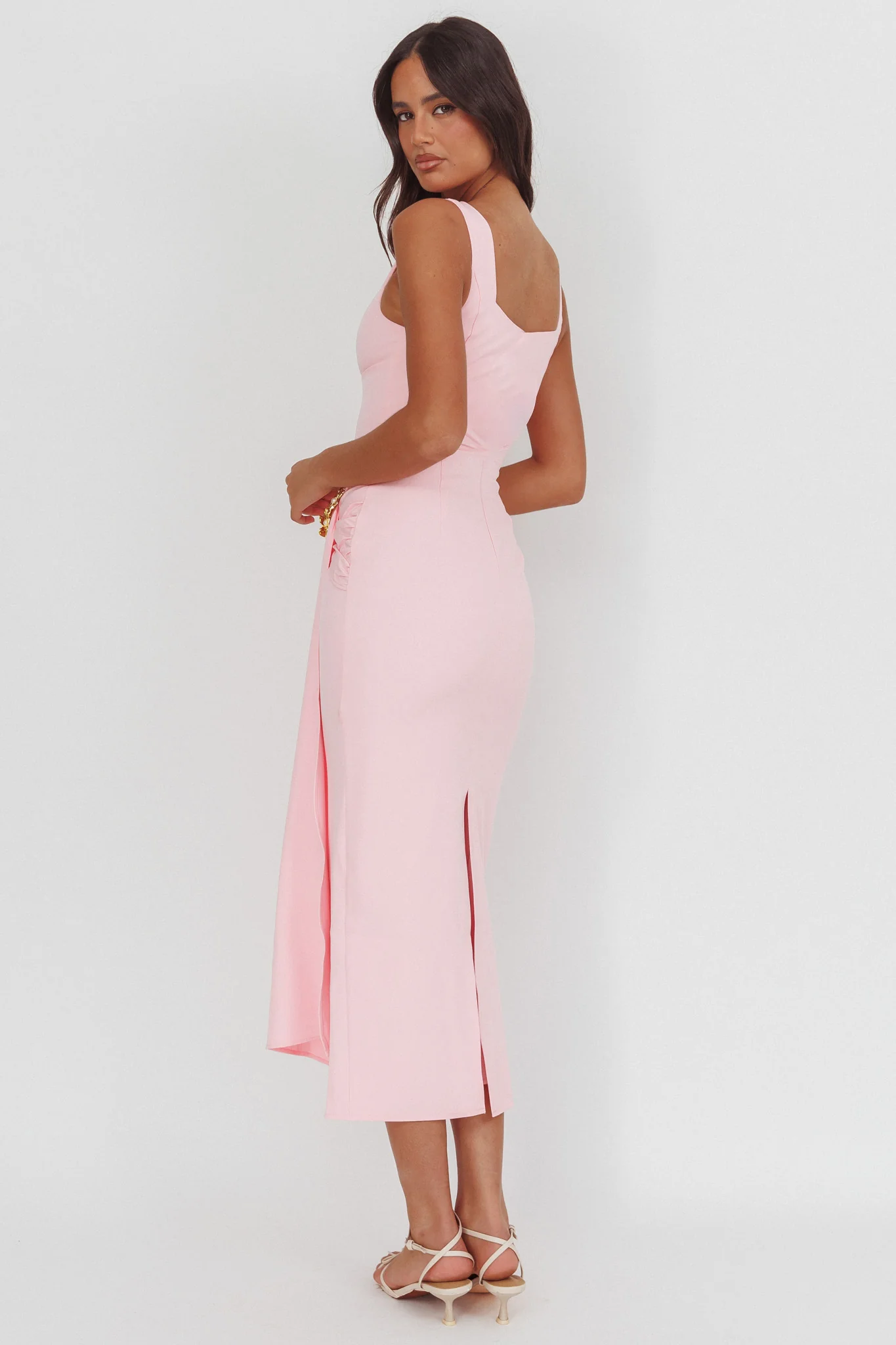 Zimora Gold Buckle Waist Drape Maxi Dress Pink - Image 2