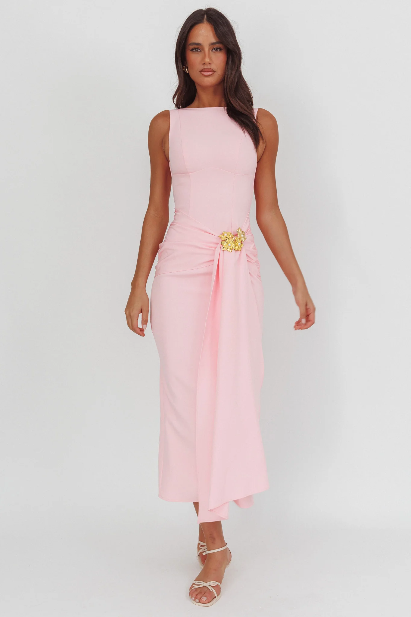 Zimora Gold Buckle Waist Drape Maxi Dress Pink - Image 4