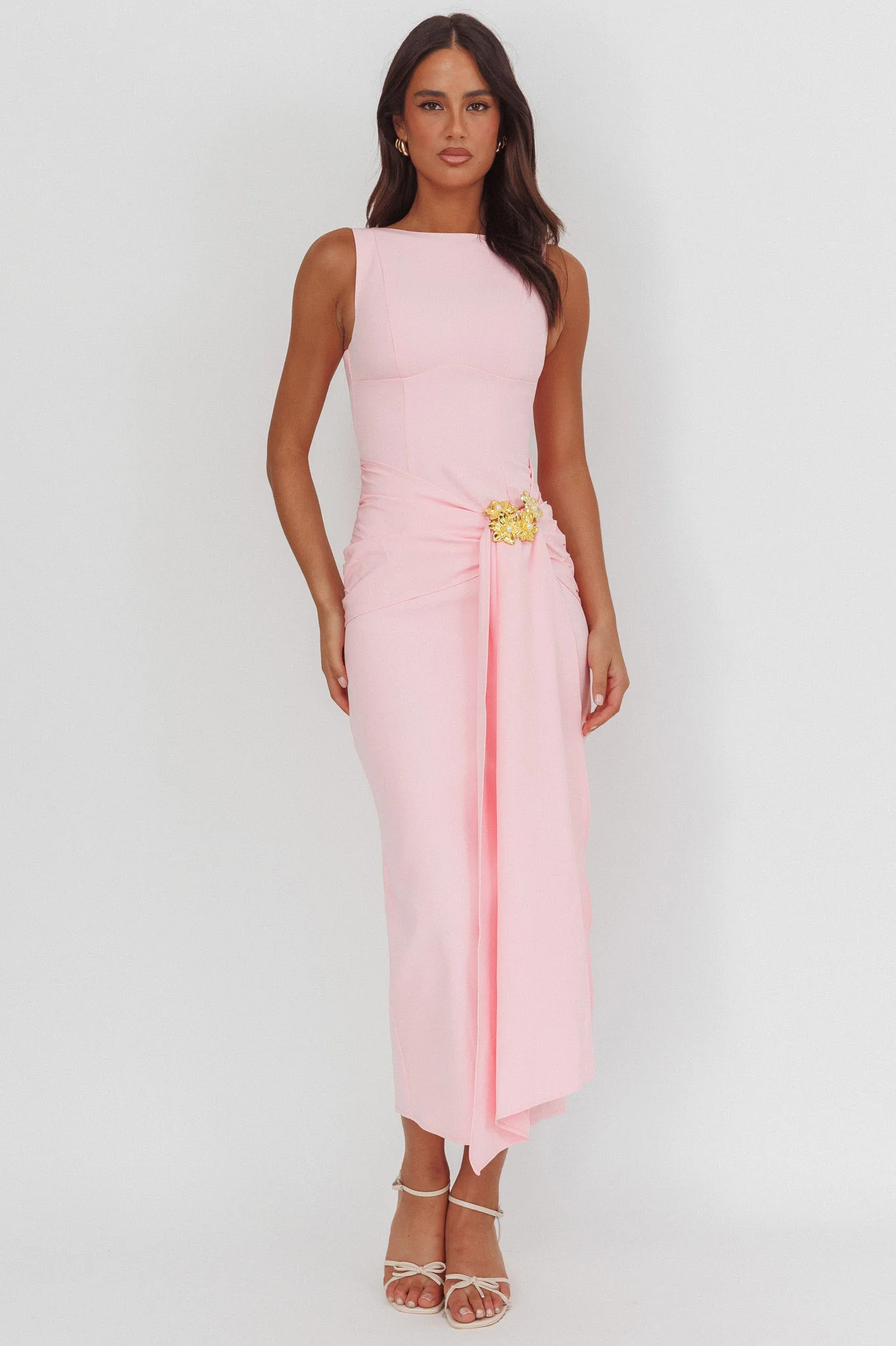 Zimora Gold Buckle Waist Drape Maxi Dress Pink - Image 5