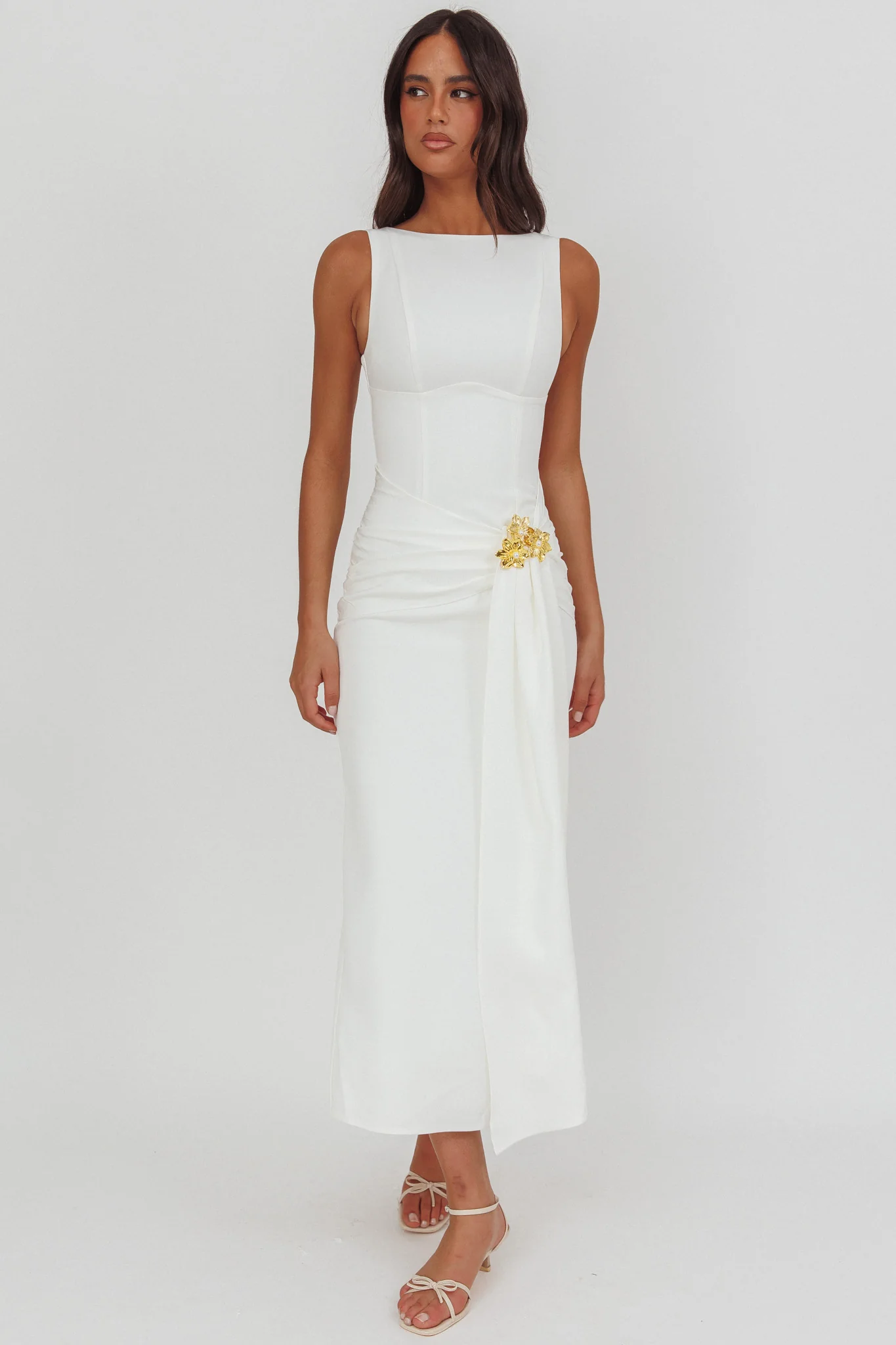 Zimora Gold Buckle Waist Drape Maxi Dress White - Image 4
