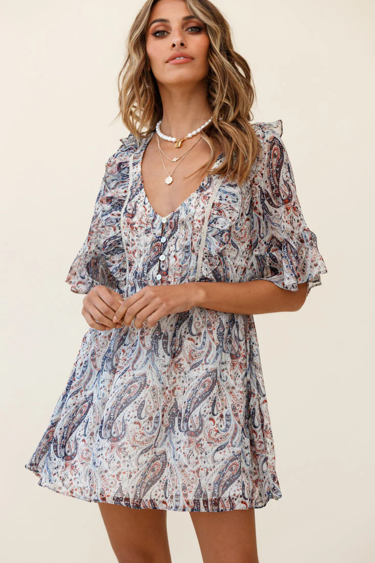 Zora Button Bodice Fluted Sleeve Dress Paisley Print Navy - Image 5