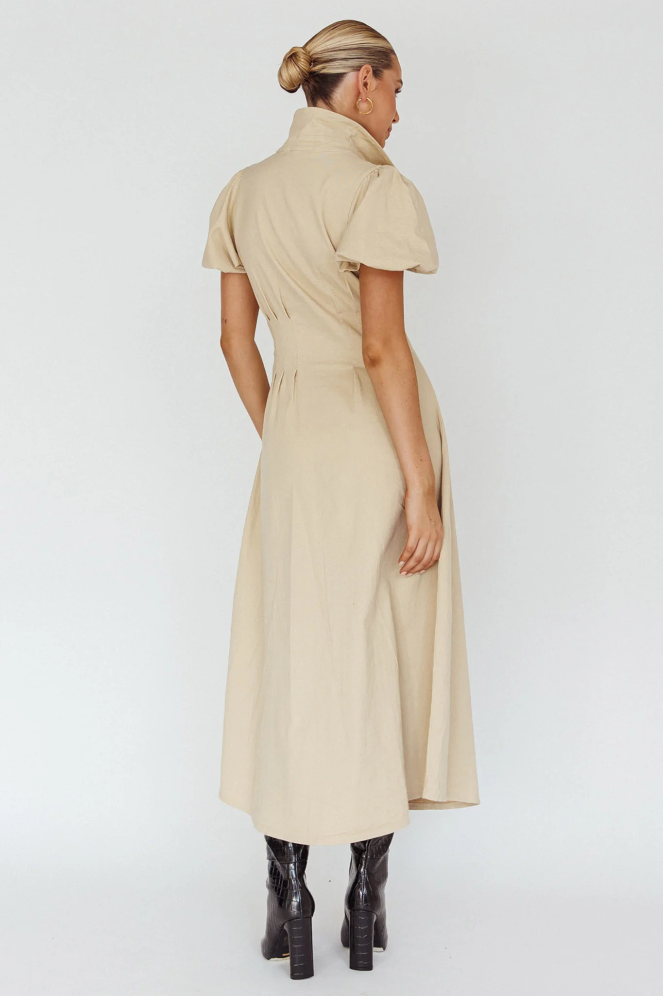 Zurich Pleated Waist Midi Dress Beige - Image 2