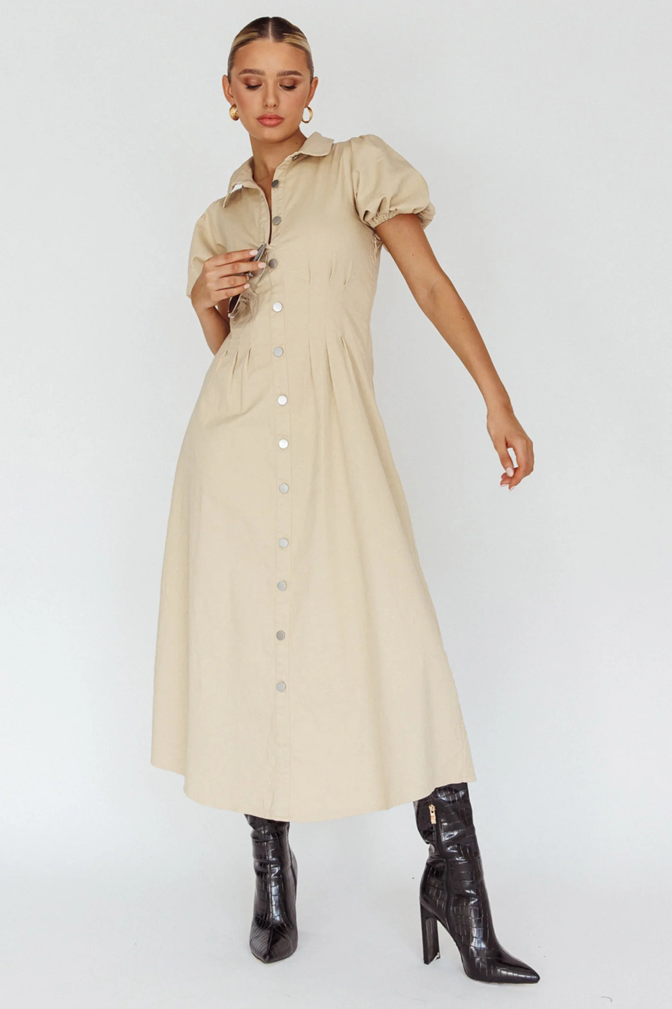 Zurich Pleated Waist Midi Dress Beige - Image 3