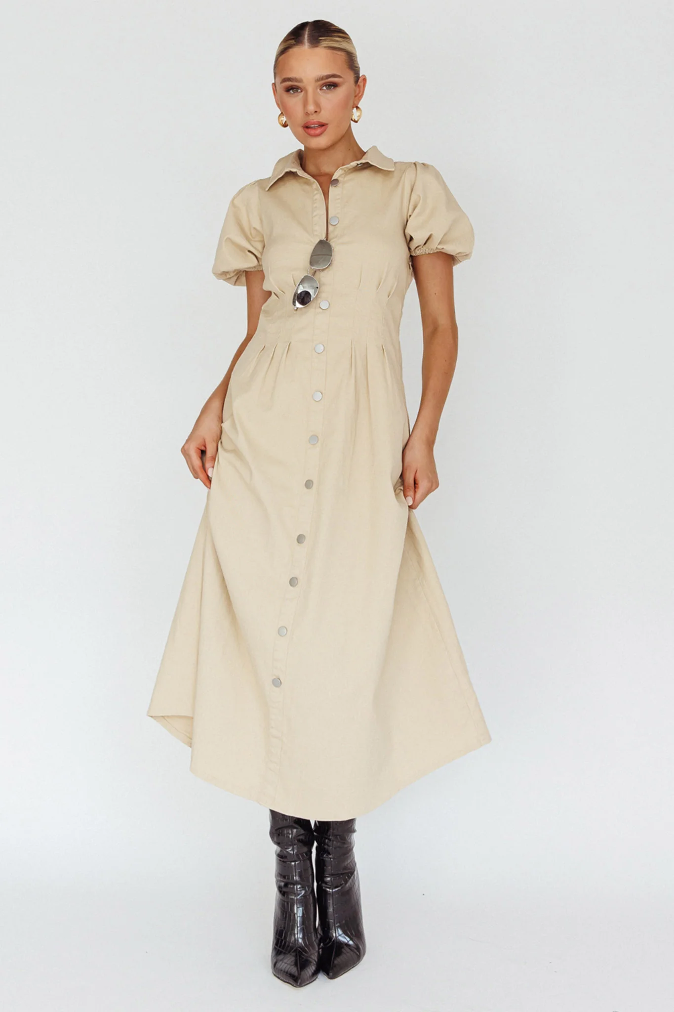 Zurich Pleated Waist Midi Dress Beige - Image 4