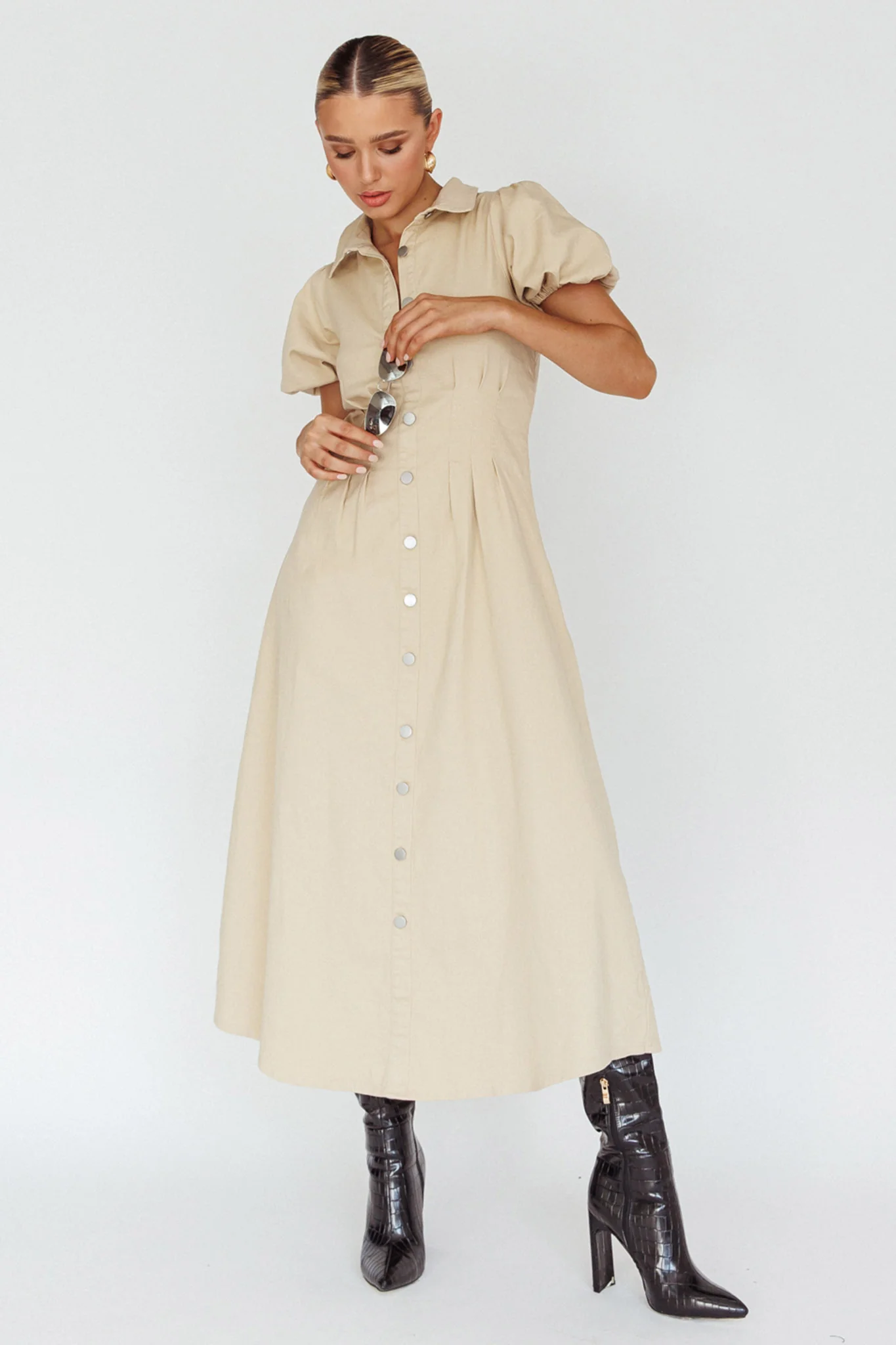 Zurich Pleated Waist Midi Dress Beige - Image 5
