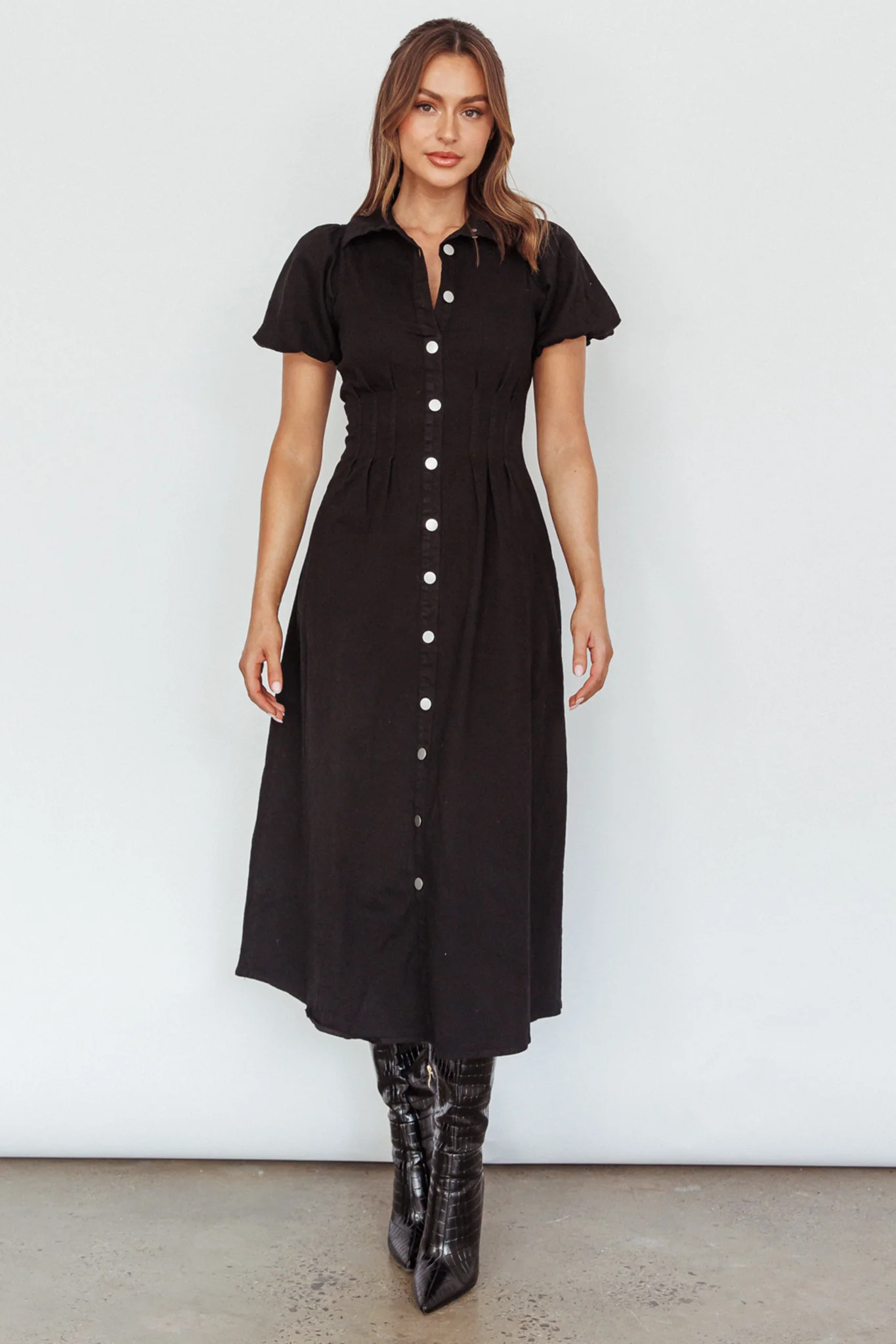 Zurich Pleated Waist Midi Dress Black - Image 3