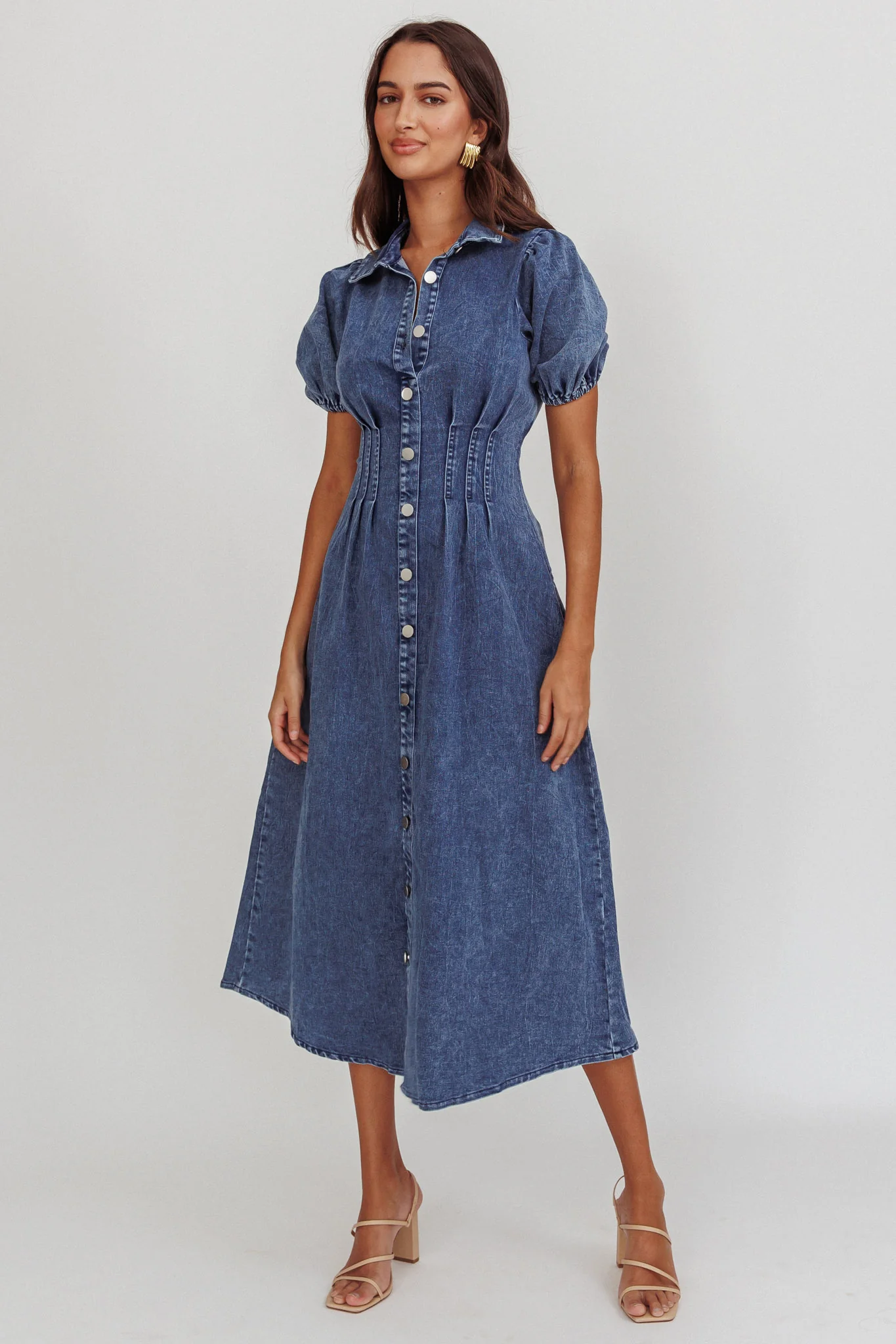 Zurich Pleated Waist Midi Dress Denim Dark Blue - Image 5