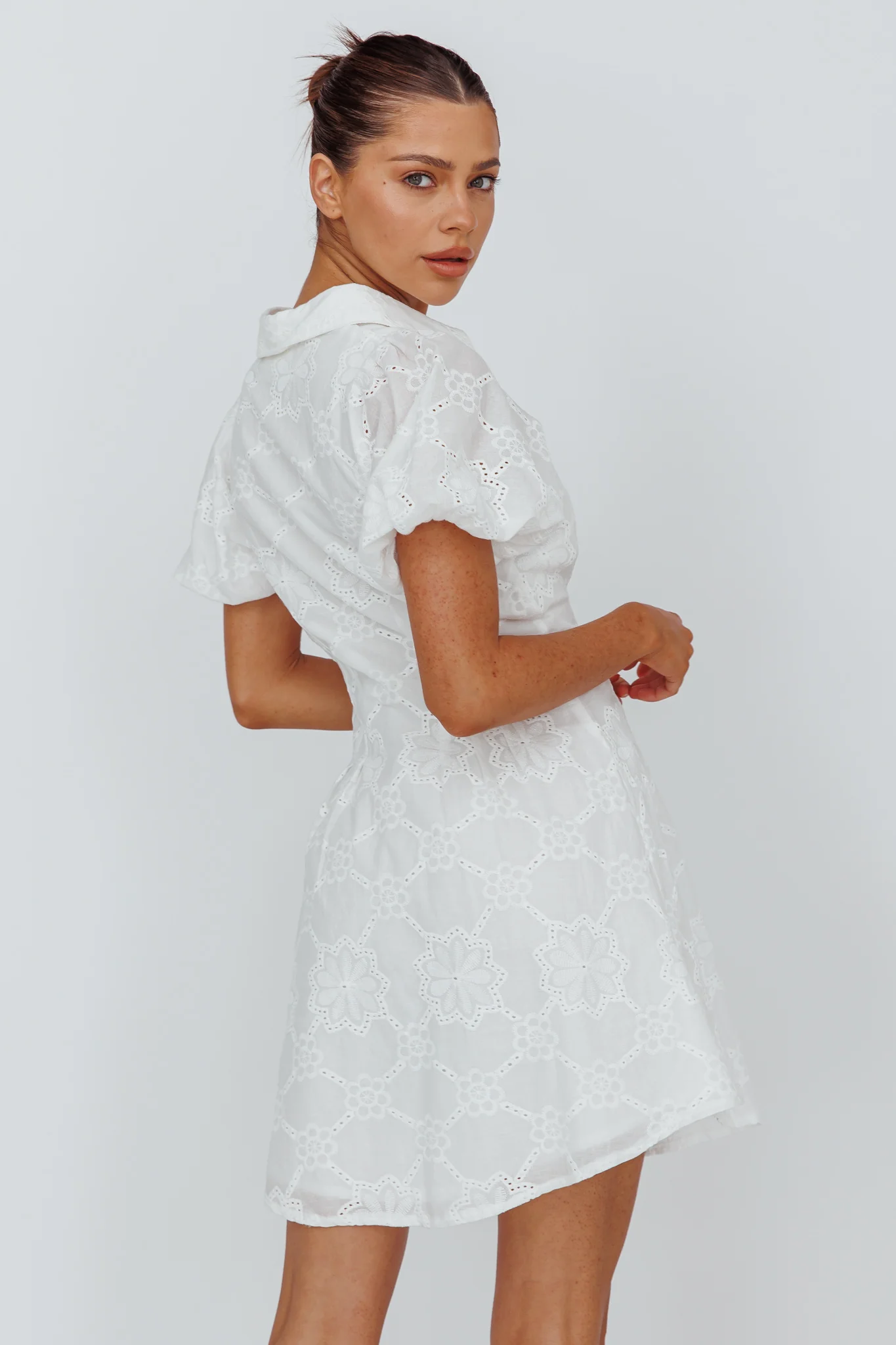Zurich Pleated Waist Shirt Dress Eyelet White - Image 2