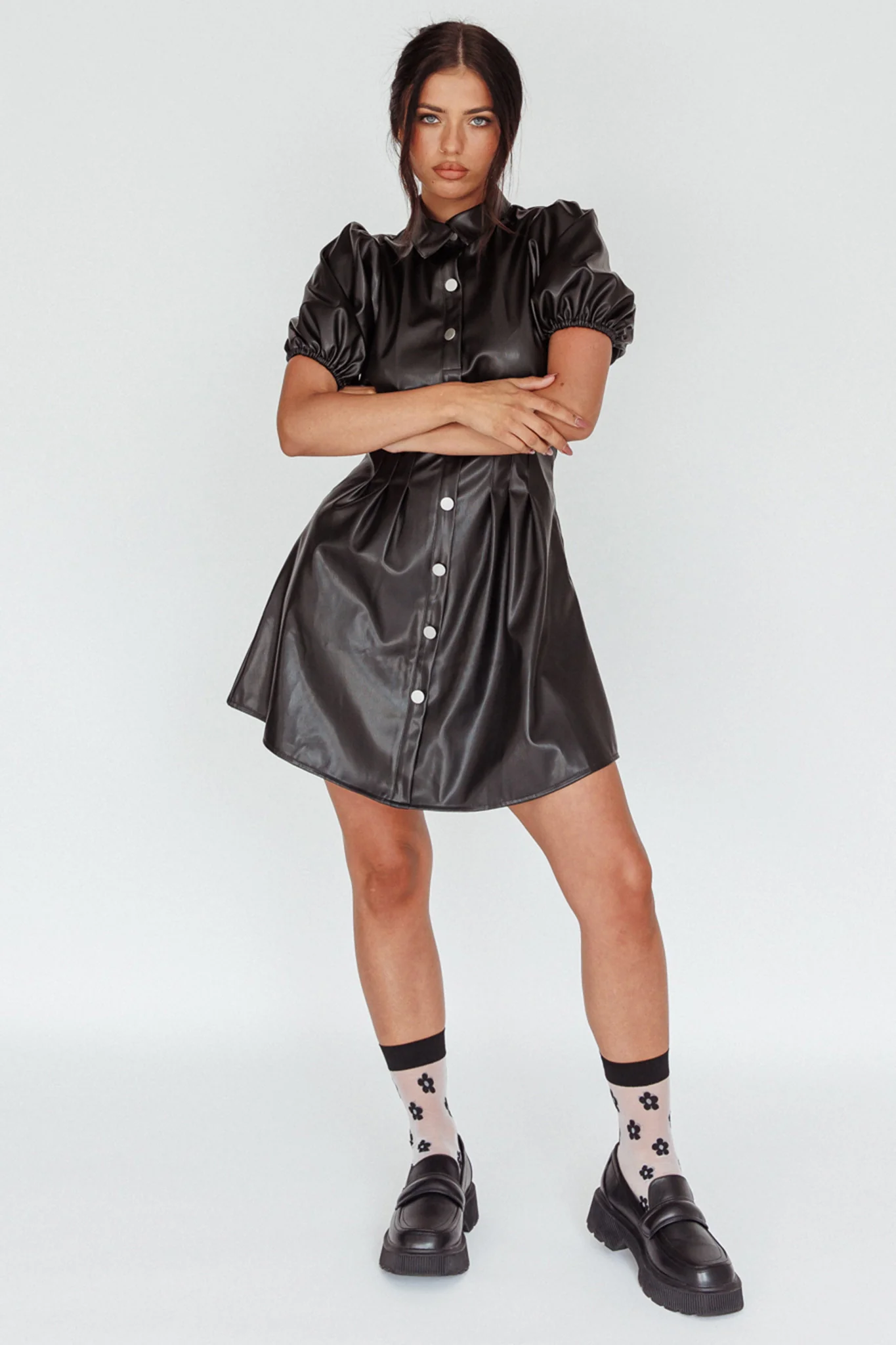 Zurich Pleated Waist Shirt Dress Faux Leather Black - Image 3