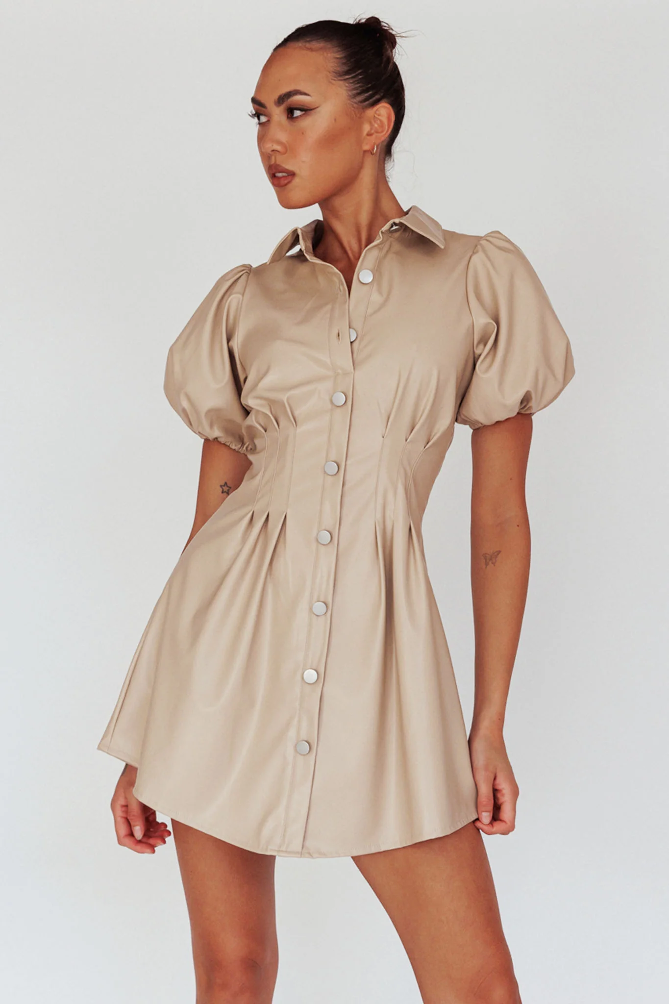 Zurich Pleated Waist Shirt Dress Faux Leather Nude - Image 3