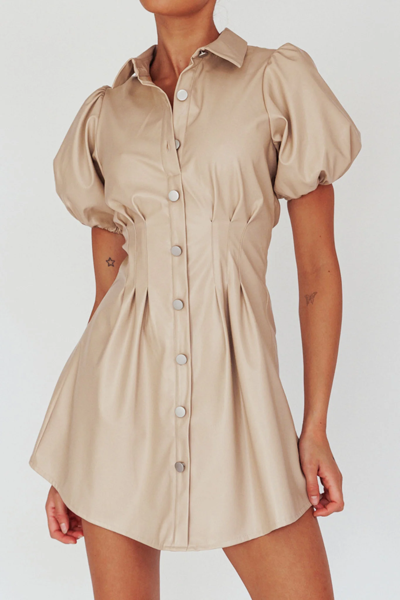 Zurich Pleated Waist Shirt Dress Faux Leather Nude - Image 4