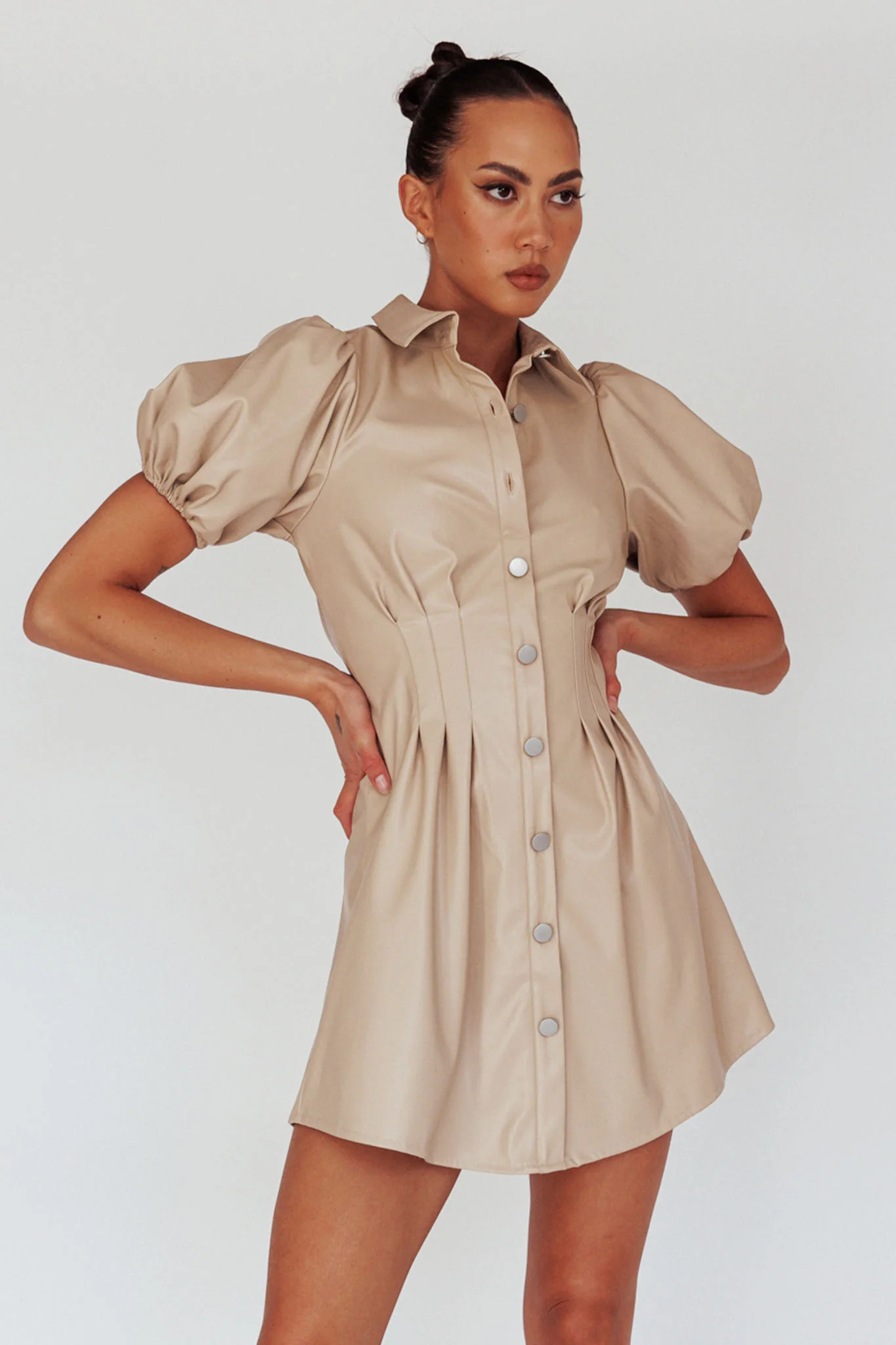 Zurich Pleated Waist Shirt Dress Faux Leather Nude - Image 5
