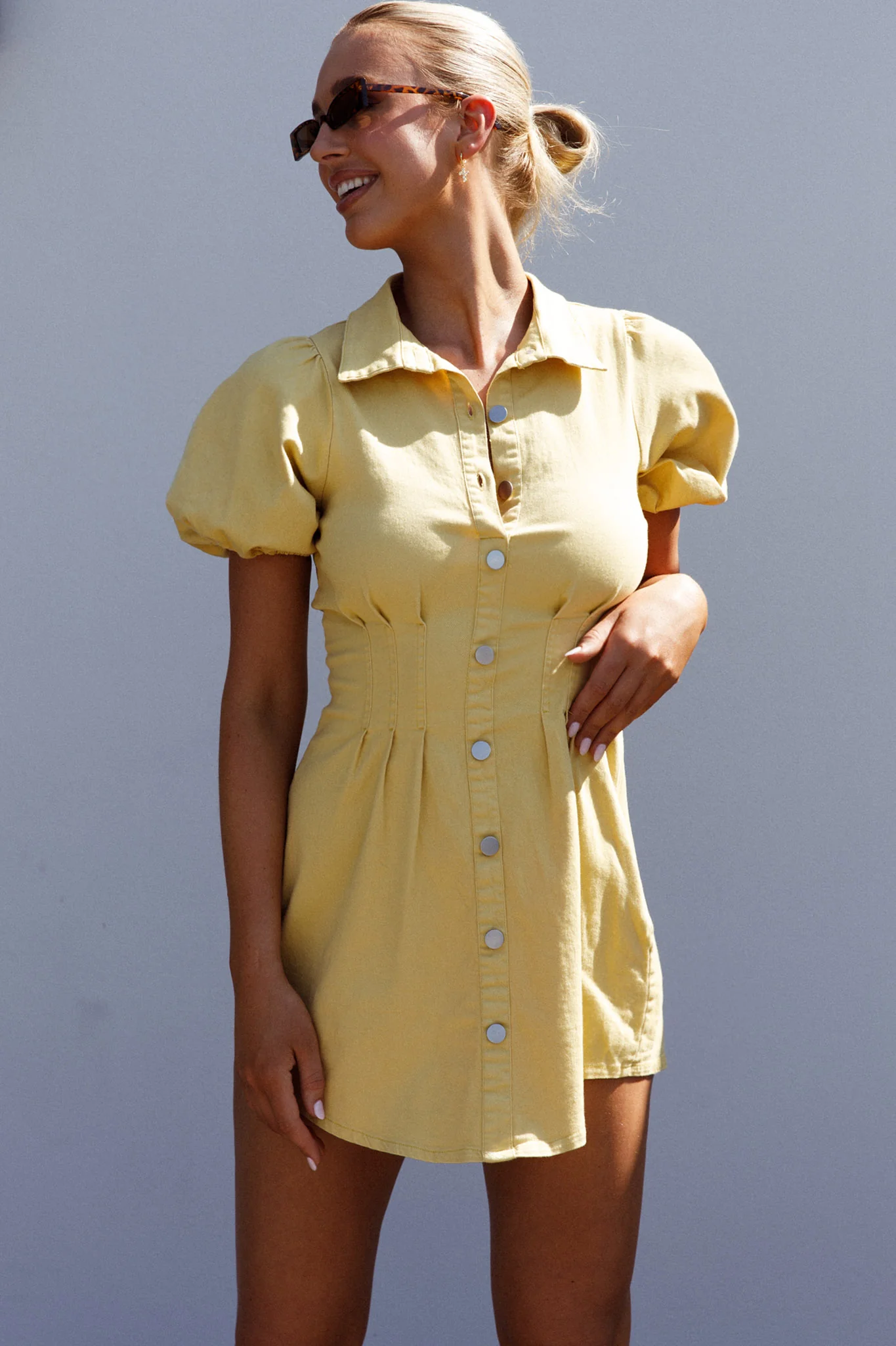 Zurich Pleated Waist Shirt Dress Light Yellow - Image 5