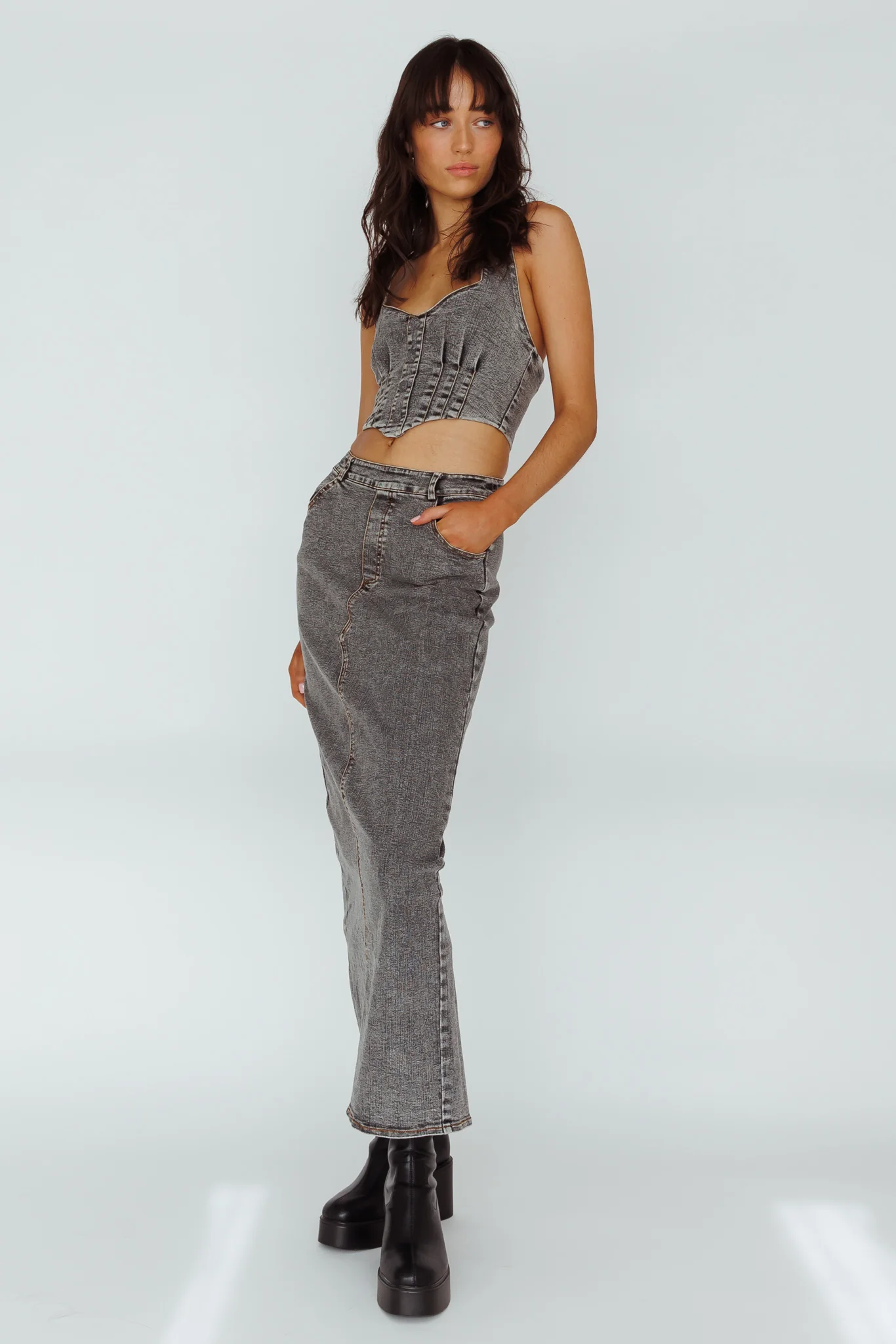 Zurich Pocket Maxi Skirt Denim Grey - Image 2